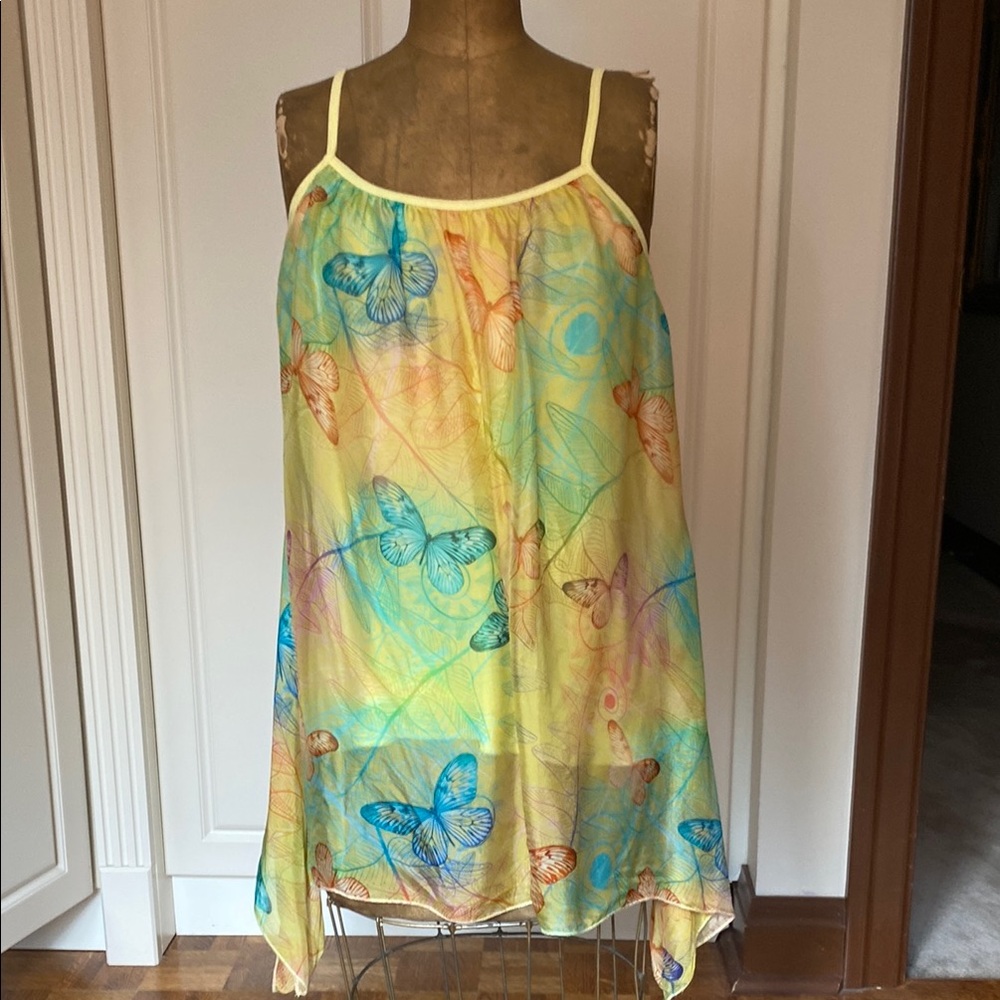 Yellow and Blue Asymmetrical Sleeveless Silk Top .
